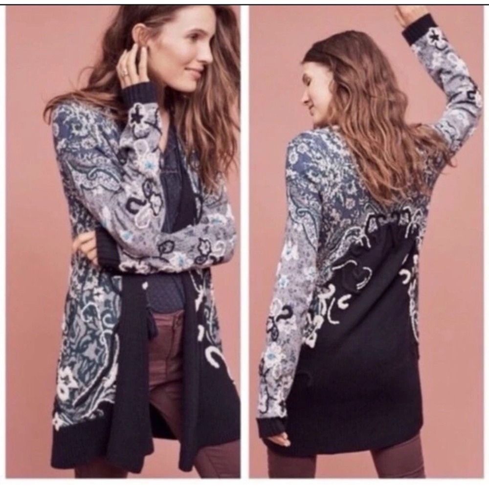 Anthropologie HWR Emmia Embroidered‎ Cardigan Sweater Boho Floral Open Front XS